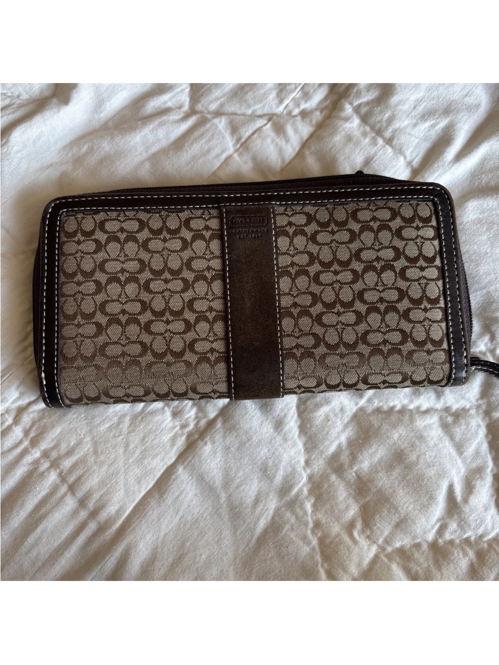 Coach Brown Signature Canvas Zip Wallet with Dark Trim